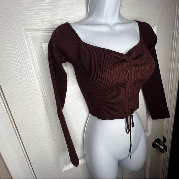 NWT Zara Women’s Medium Brown Rib Knit Off Shoulder Crop Top Sweater M - Picture 15 of 16